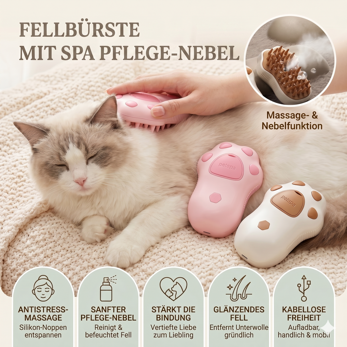 2-in-1 Fellpflegebürste mit sanftem Pflegenebel